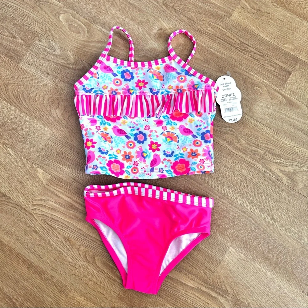 New!! Wonder Nation adorable 2 piece swimming suit w cute floral top n ruffles